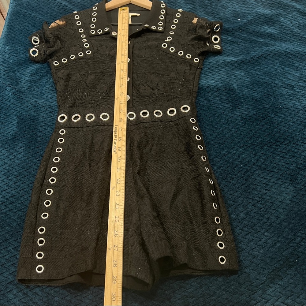 Maje Black Lace Silver Grommet Details Snap Front Collared Romper Size XS - Picture 14 of 16